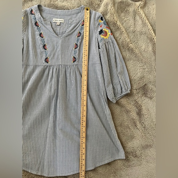 Knox Rose Embroidered 3/4 Ballon Sleeve Dress Sz S blue and white striped boho - Picture 8 of 11